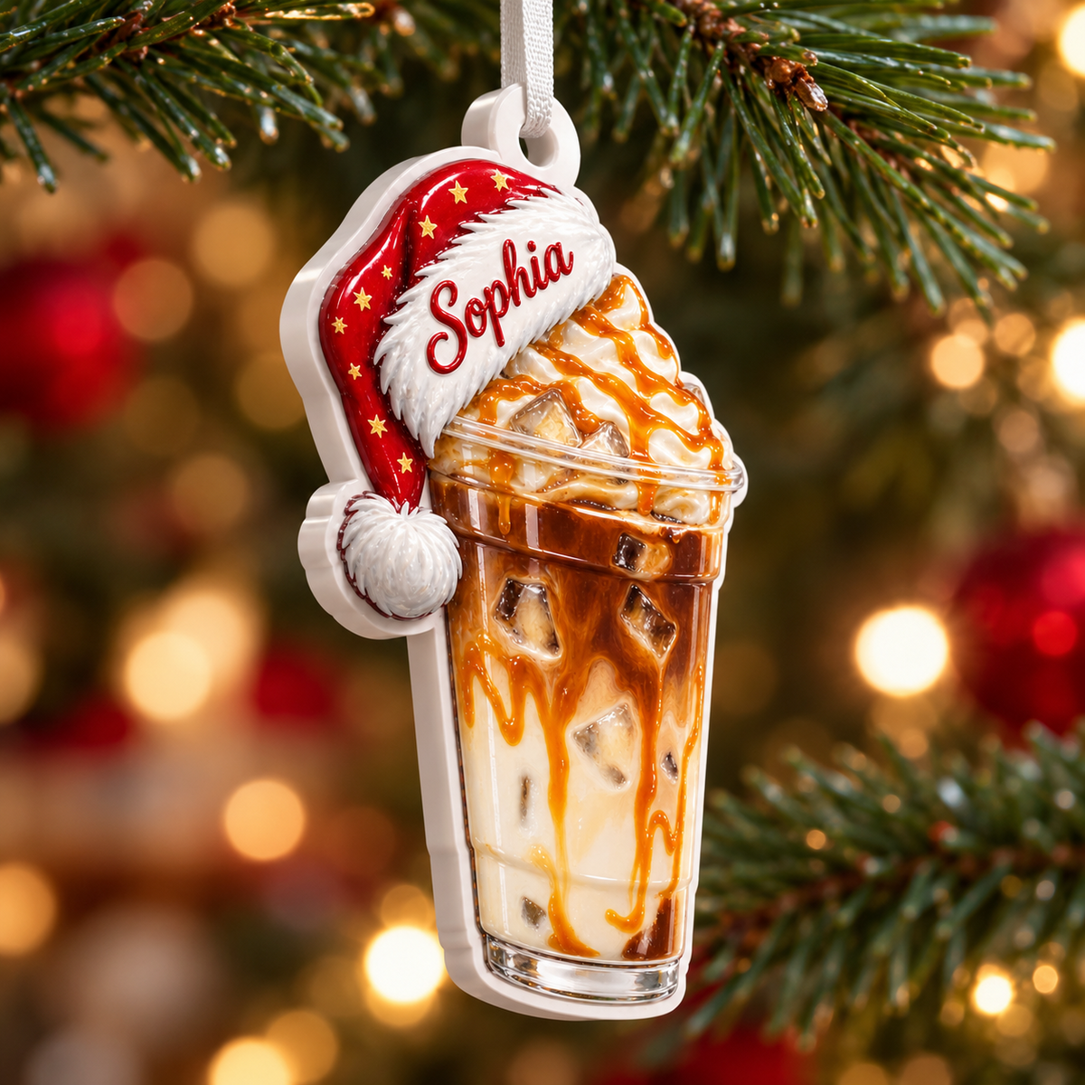 Iced Caramel Macchiato with Santa Hat Acrylic Hanging Holiday Keepsake - 3D Relief Ornament