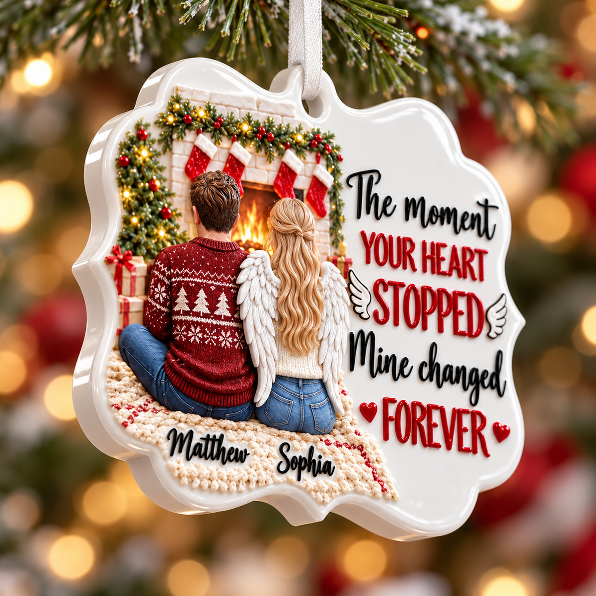 Couple Memorial Fireplace Scene with Angel Wings Bracket Shape Acrylic Hanging Keepsake - 3D Relief Ornament