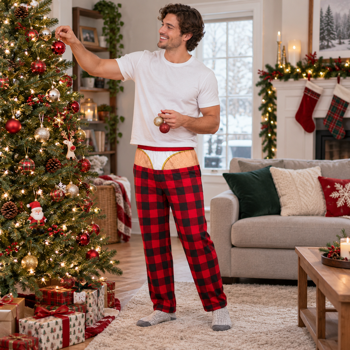 Men's Novelty Plaid Pajama Pants with Fake Sagging Briefs Print