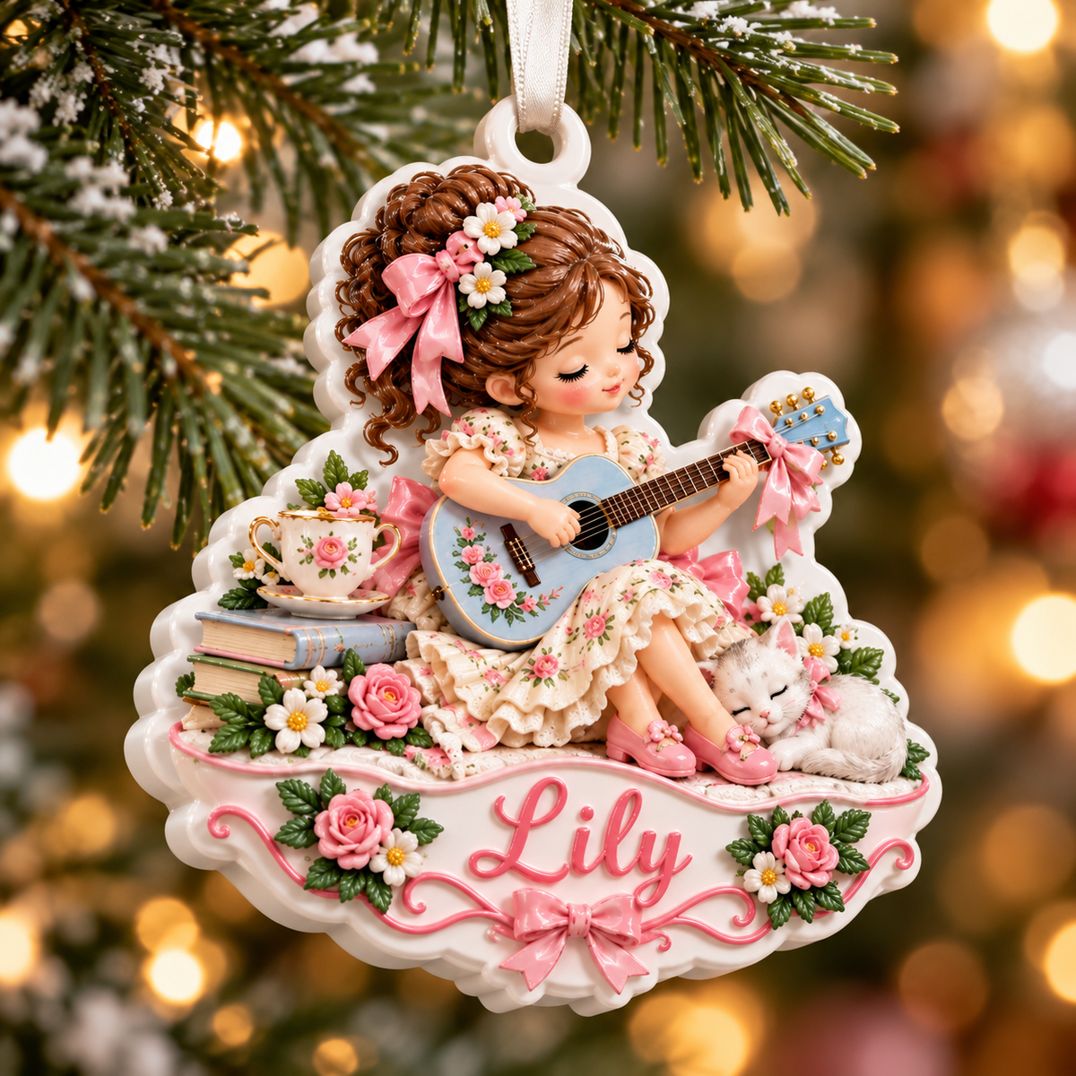 Girl Playing Guitar with Sleeping Kitten and Floral Teacup - 3D Relief Ornament