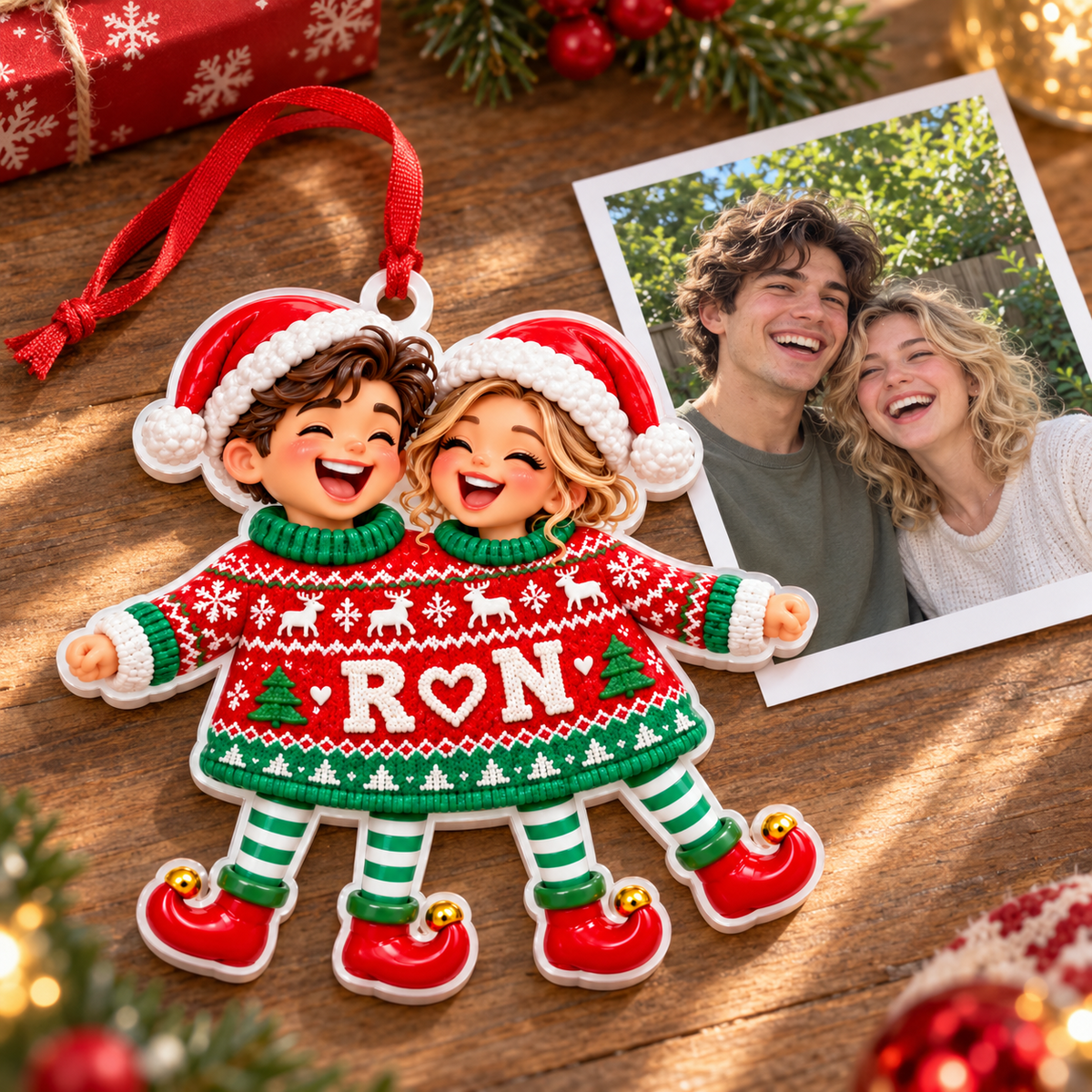 Couple in Red Two-Person Christmas Sweater Holiday Hanging Keepsake - 3D Relief Ornament