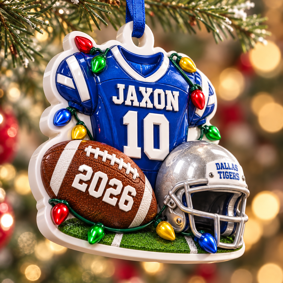 Blue Football Jersey Helmet and Ball Holiday Tree Hanging Decor with String Lights - 3D Relief Ornament