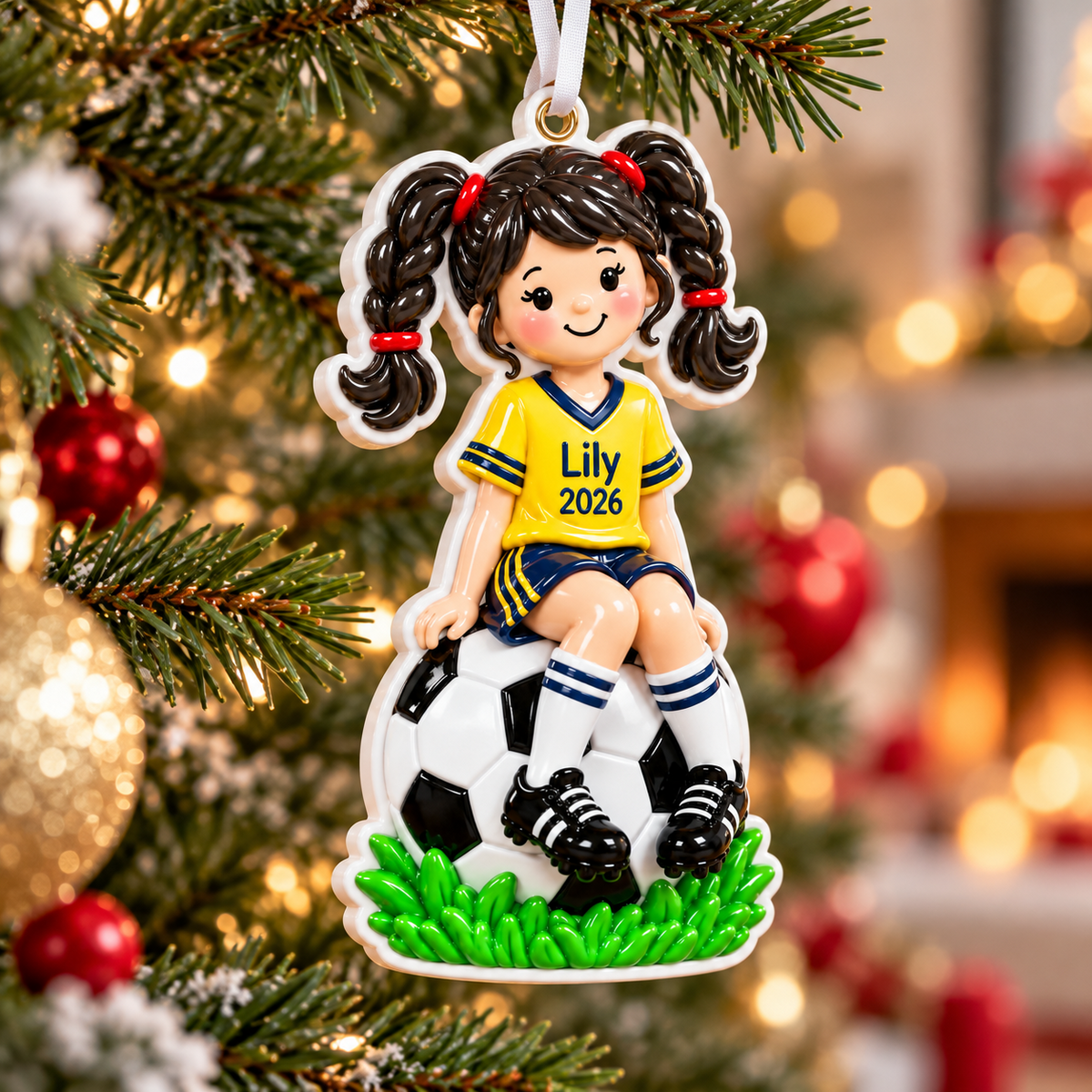 Soccer Player Girl in Yellow Jersey Sitting on Ball Hanging Holiday Keepsake - 3D Relief Ornament