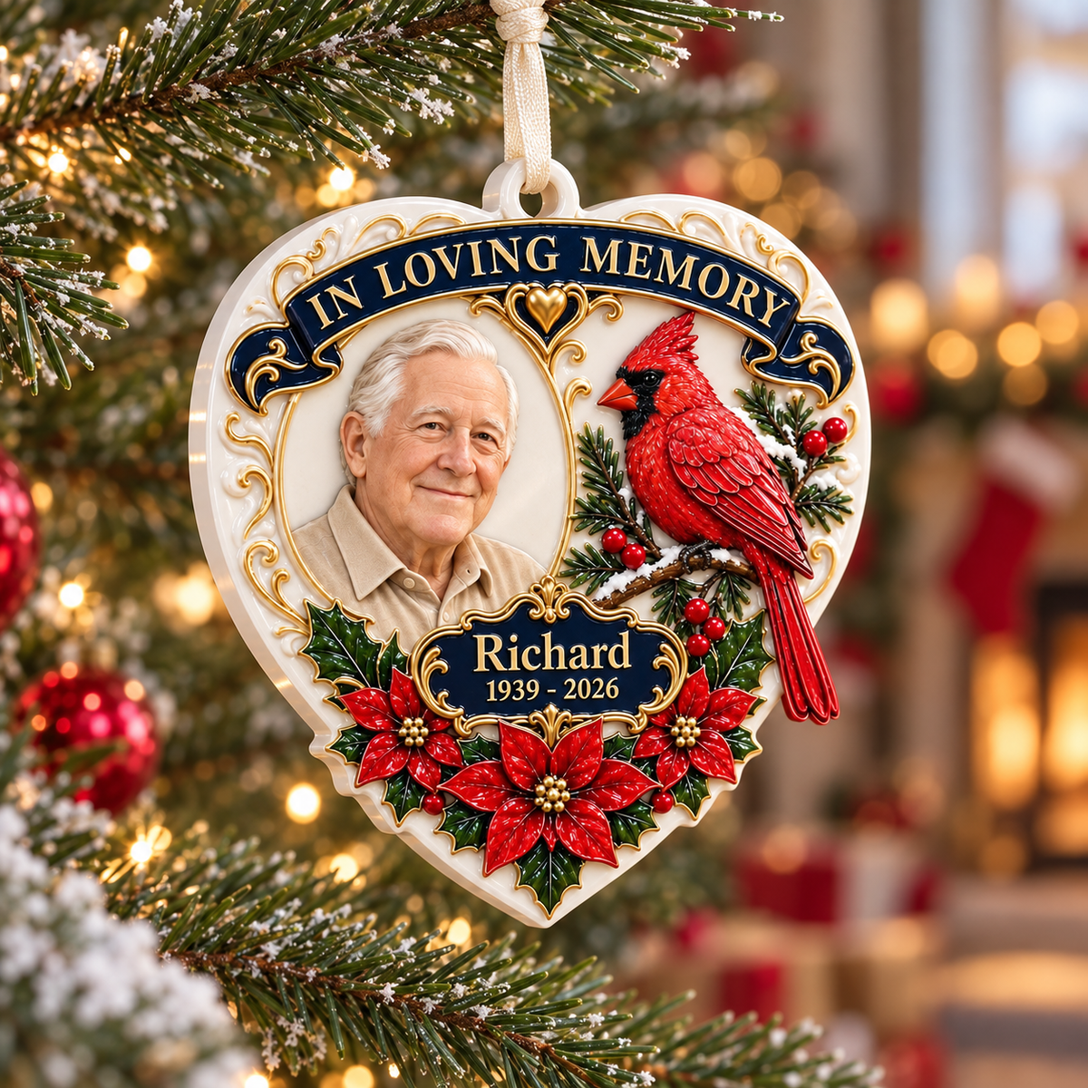 Heart Memorial Keepsake with Red Cardinal and Poinsettia Accents - 3D Relief Ornament