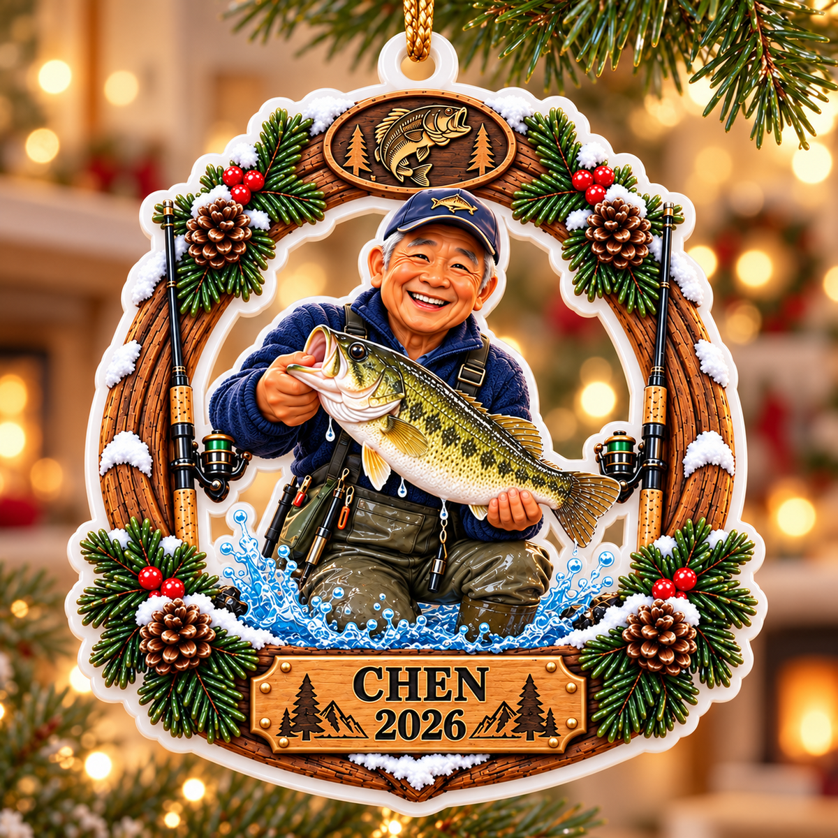 Bass Fisherman Catch Wreath Acrylic Holiday Keepsake - 3D Relief Ornament