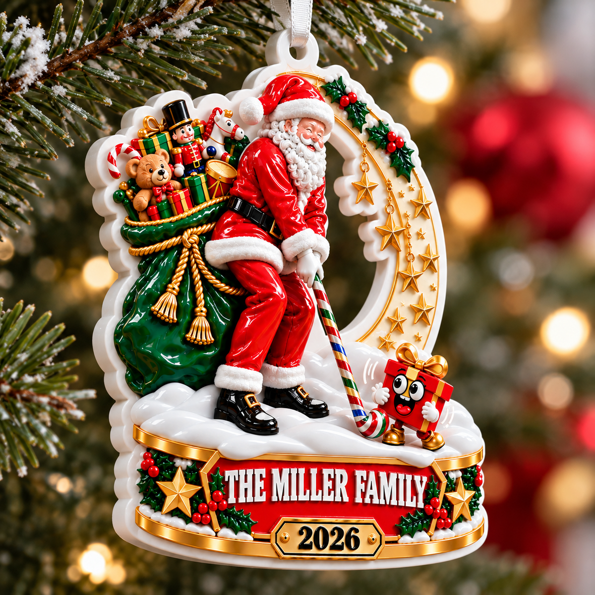 Santa Claus Playing Golf with Toy Sack and Star Wreath Christmas Tree Decor - 3D Relief Ornament