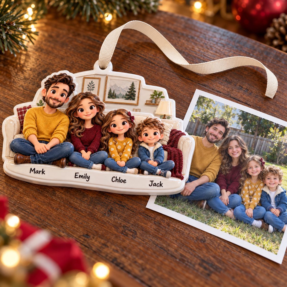 Cartoon Family of Four on Living Room Couch Hanging Holiday Keepsake - 3D Relief Ornament