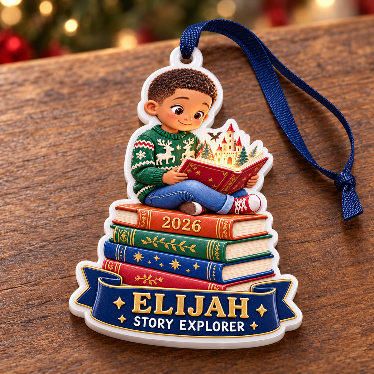 Boy Reading on Stack of Books Acrylic Holiday Keepsake - 3D Relief Ornament