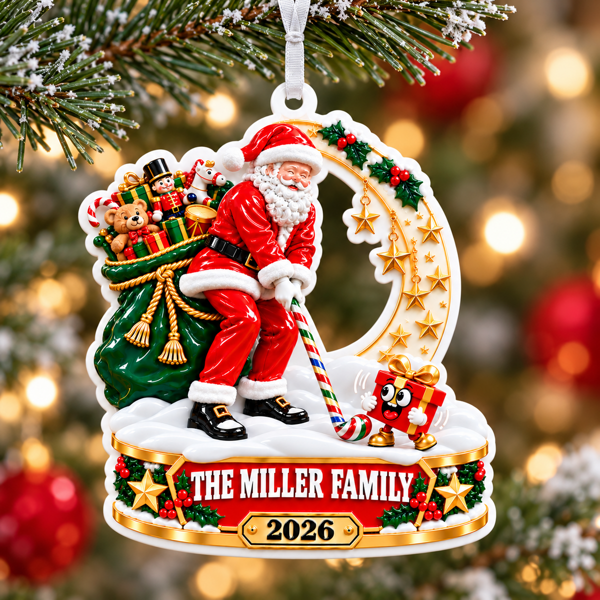 Santa Claus Playing Golf with Toy Sack and Star Wreath Christmas Tree Decor - 3D Relief Ornament