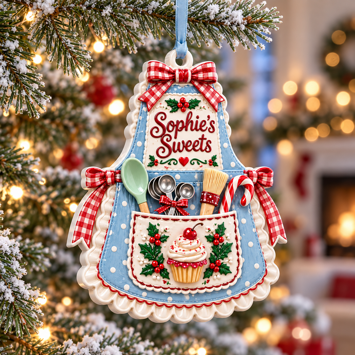 Baking Apron Holiday Tree Pendant with Cupcake and Utensils - 3D Relief Ornament