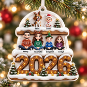 Family of Five and Dog Christmas 2026 Tiered Snow Holiday Keepsake - 3D Relief Ornament
