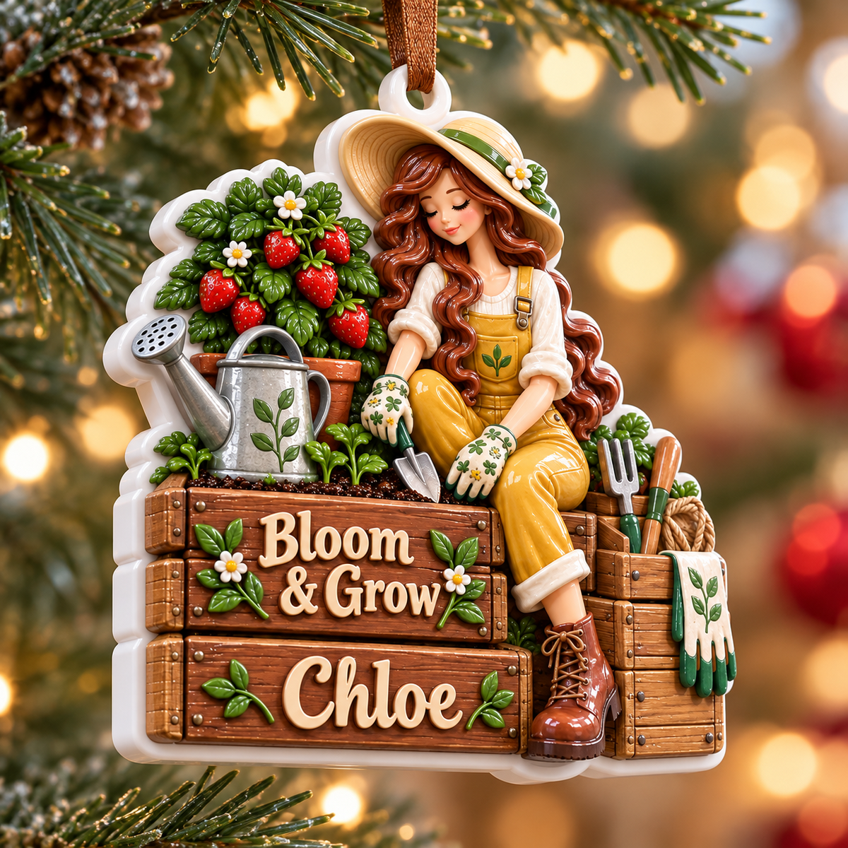 Gardening Girl with Strawberry Planter and Watering Can Holiday Hanging Keepsake - 3D Relief Ornament