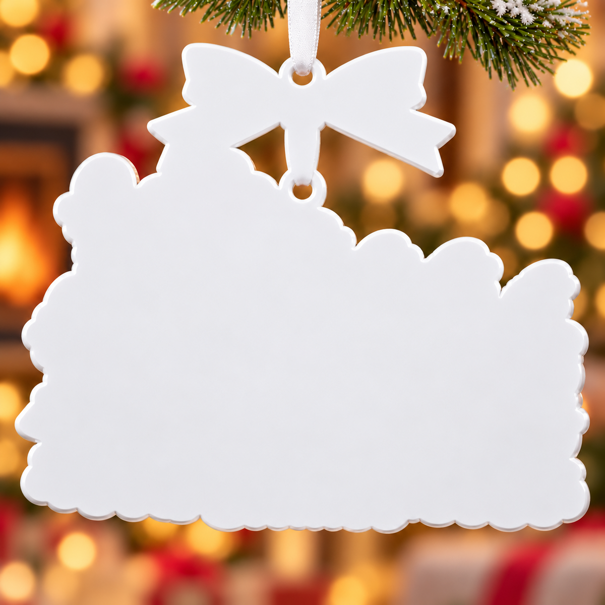 White Scalloped Edge Christmas Tree Plaque with Top Bow Holiday Hanging - 3D Relief Ornament