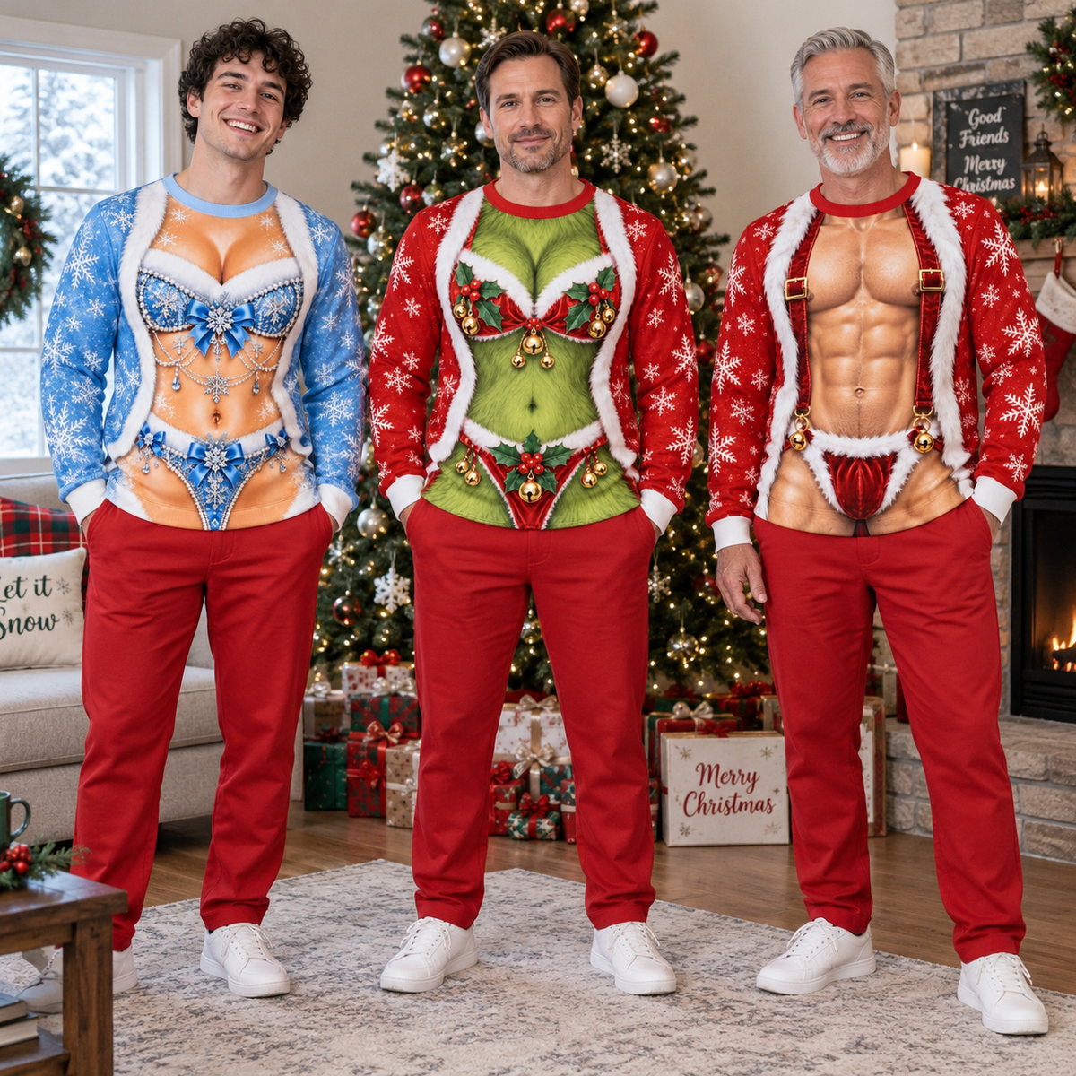 Funny Ugly Christmas Sweatshirt Faux Body Bikini Muscle Print Crewneck