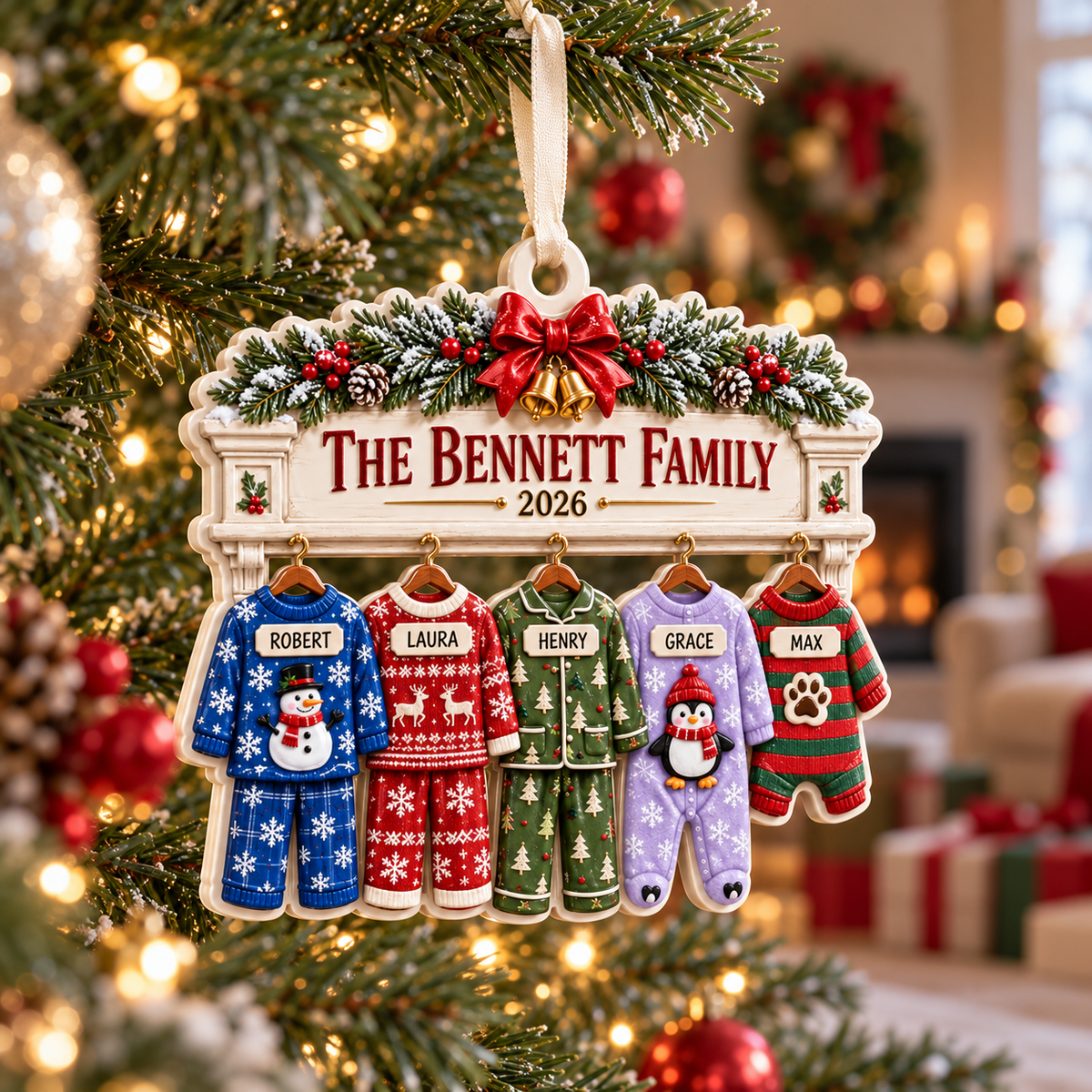Family Pajamas Fireplace Mantle Hanging Holiday Keepsake - 3D Relief Ornament