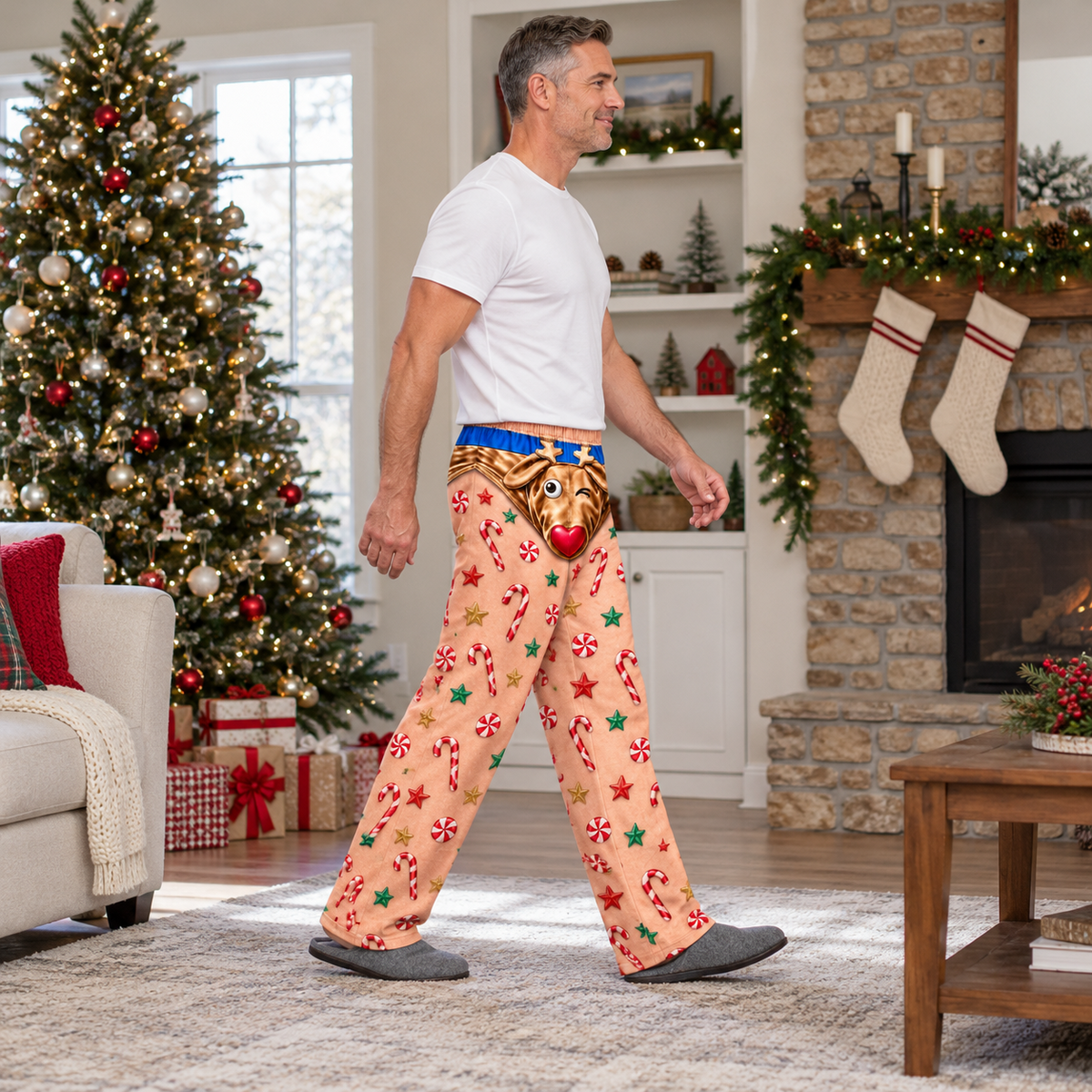 Mens Christmas Pajama Pants Reindeer Boxer Print Lounge Bottoms