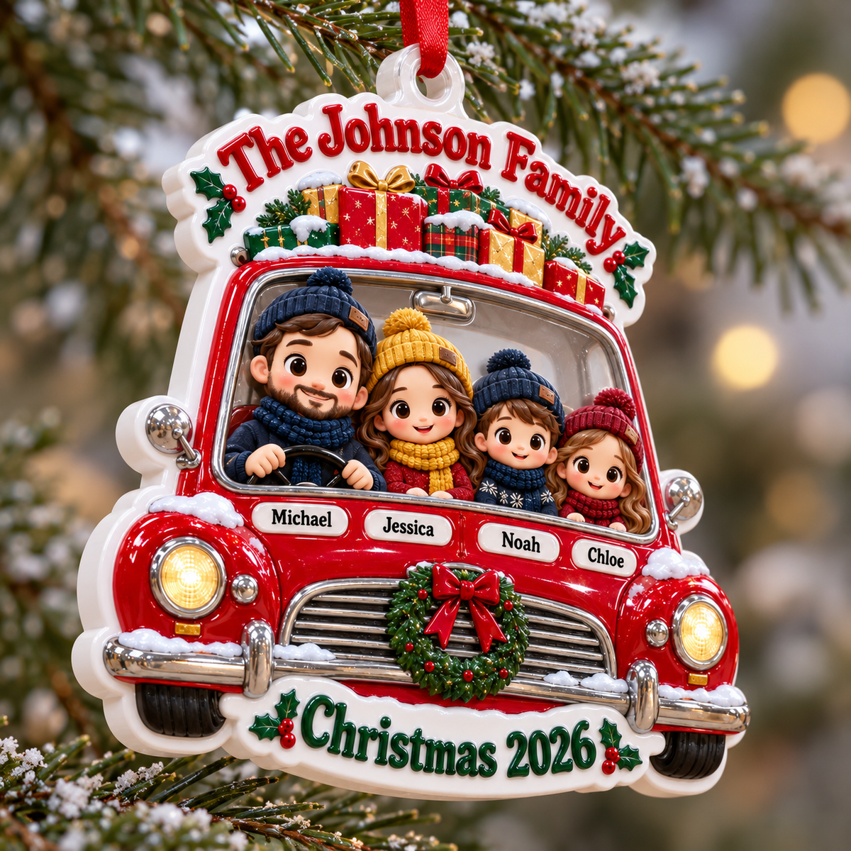 Family of Four in Red Vintage Car Christmas Holiday Keepsake - 3D Relief Ornament