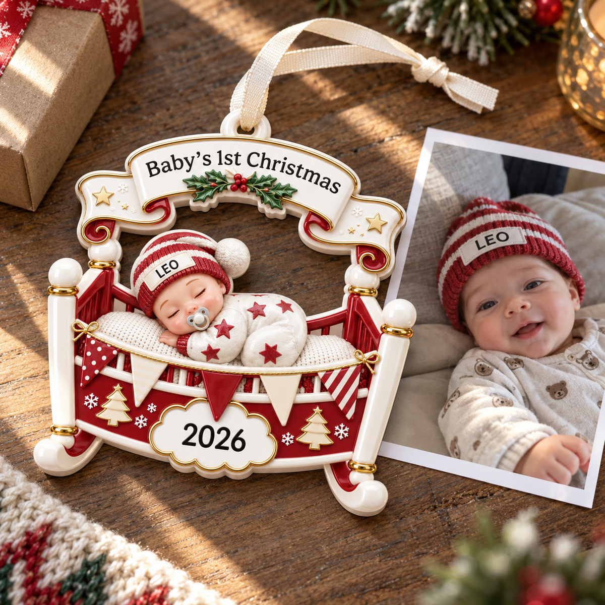 Baby's First Christmas Cradle Hanging Keepsake, Red and White Rocking Bassinet - 3D Relief Ornament
