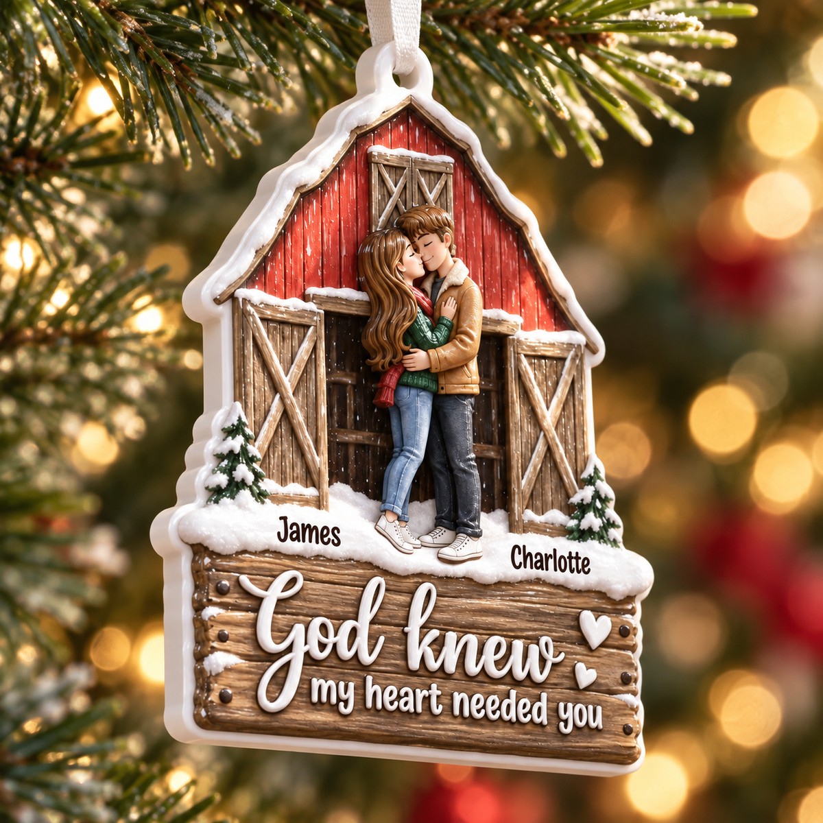 Couple Christmas Keepsake, Rustic Red Barn Farmhouse Holiday Hanging Decor - 3D Relief Ornament