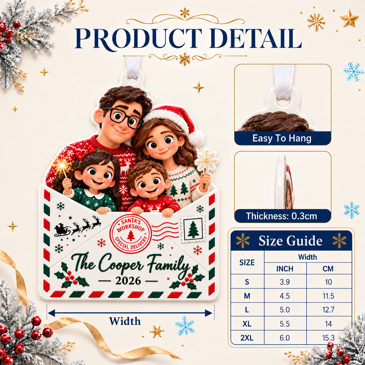 Cartoon Family of Four in Christmas Letter Envelope Hanging Keepsake - 3D Relief Ornament