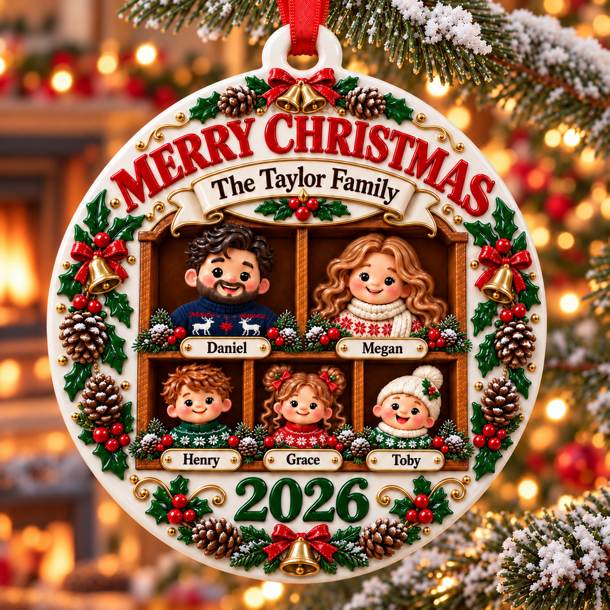 Family of Five Holiday Keepsake Acrylic Medallion with Pinecones - 3D Relief Ornament