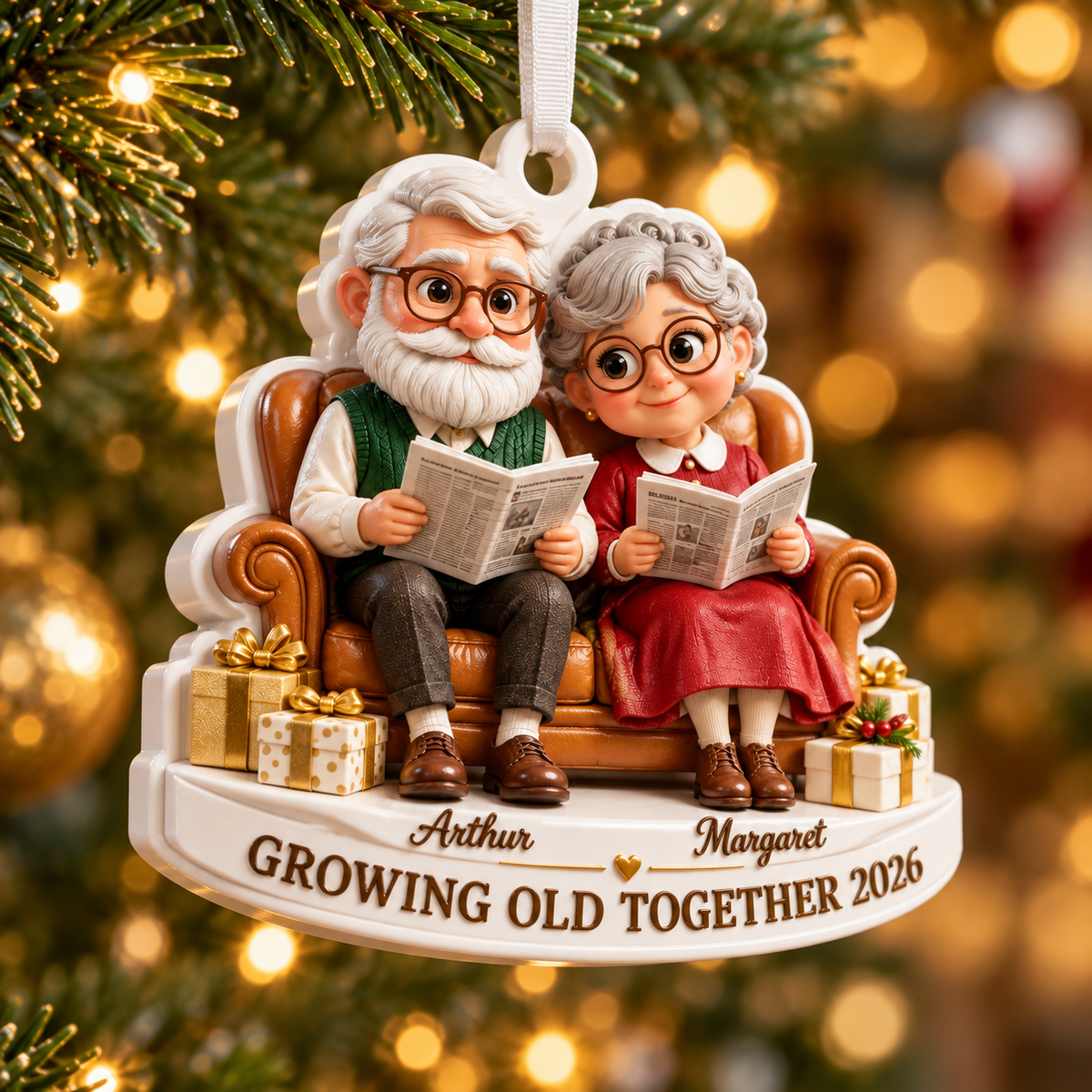 Elderly Couple on Couch Christmas Holiday Keepsake - 3D Relief Ornament
