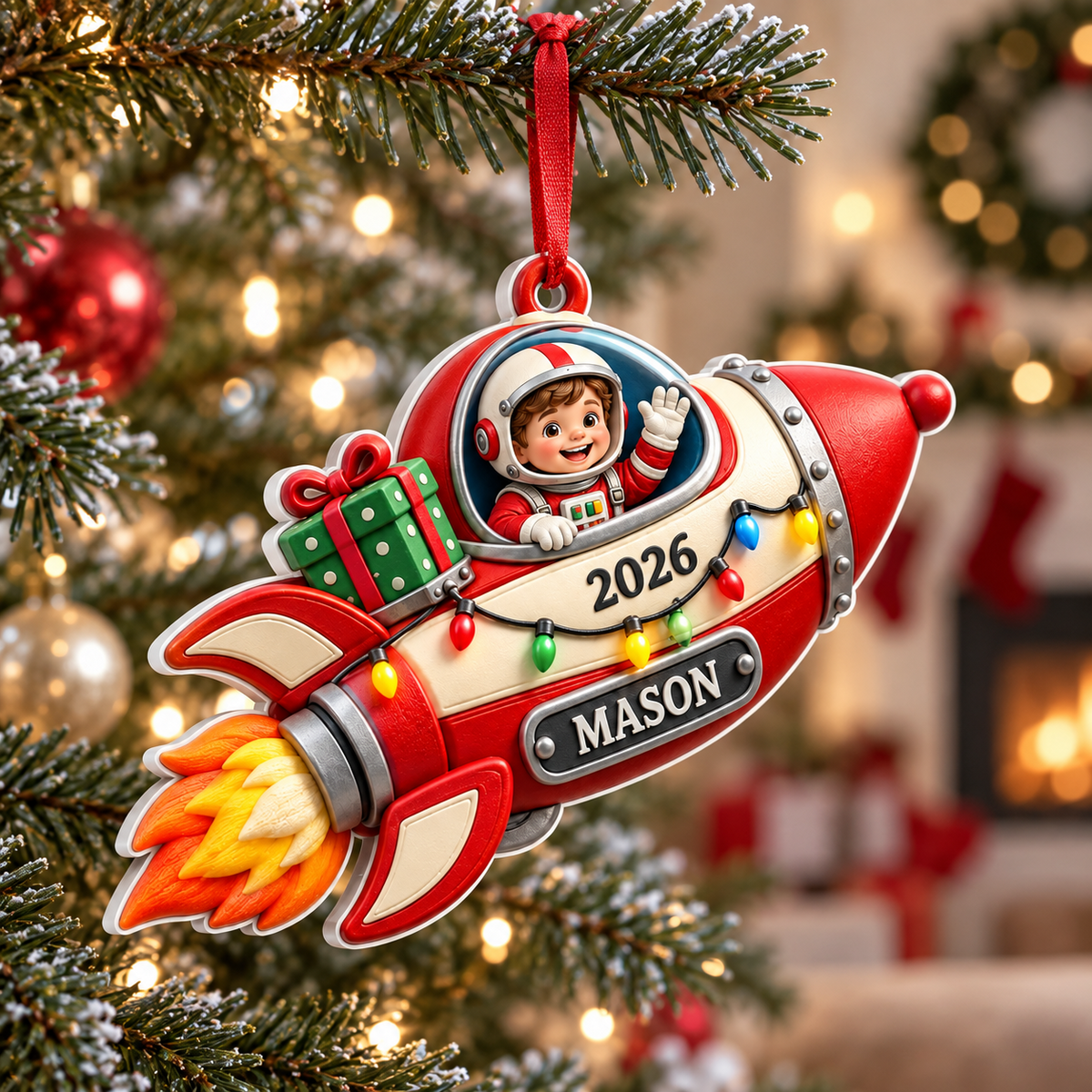 Astronaut Boy Flying Red Rocket Ship Holiday Tree Hanging Decor - 3D Relief Ornament