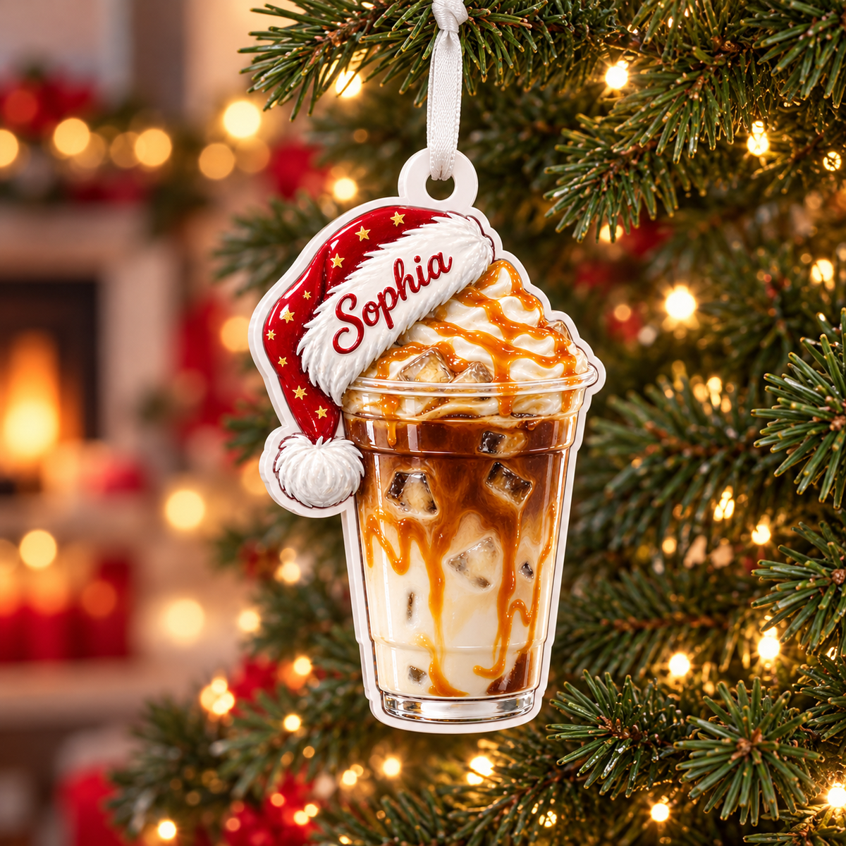 Iced Caramel Macchiato with Santa Hat Acrylic Hanging Holiday Keepsake - 3D Relief Ornament