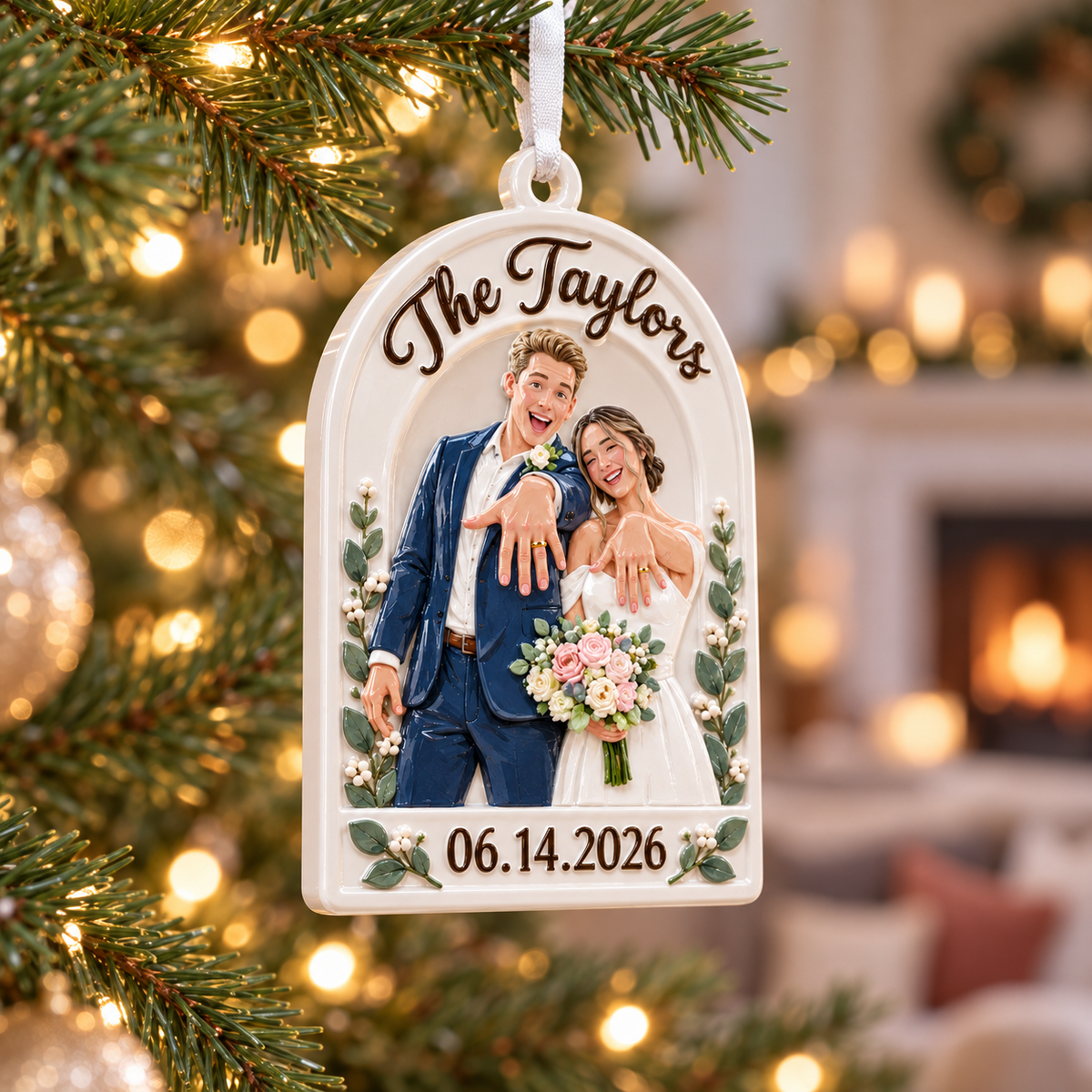 Newlywed Wedding Couple Arch Hanging Keepsake with Ribbon - 3D Relief Ornament