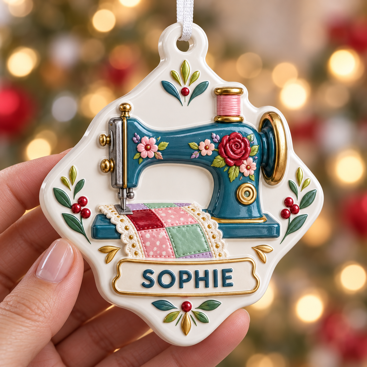 Teal Vintage Sewing Machine and Patchwork Quilt Plaque, Holiday Decor - 3D Relief Ornament