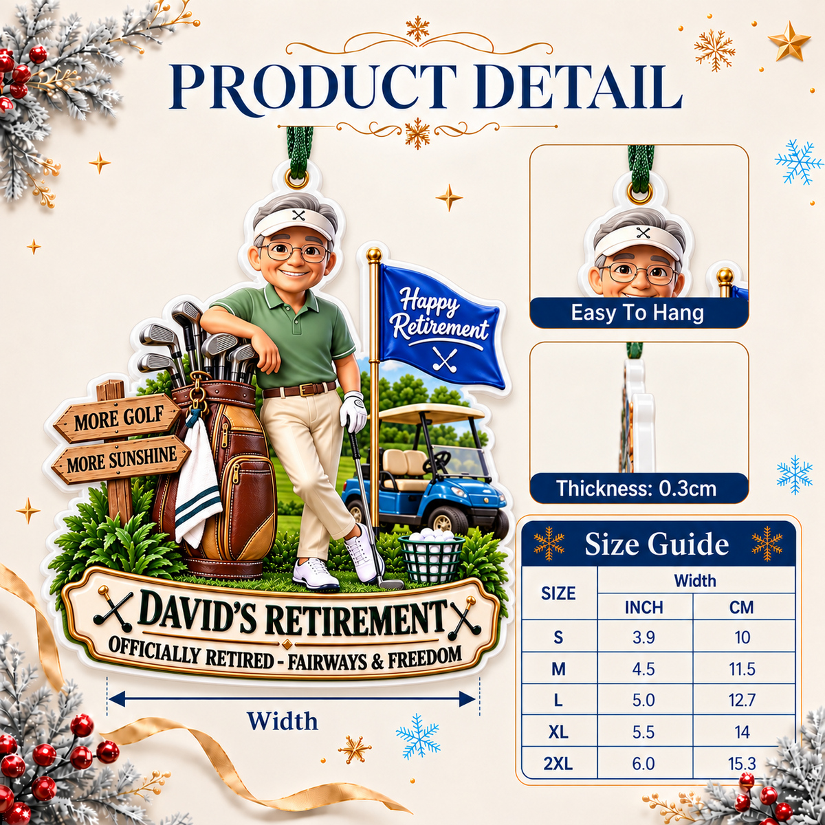 Happy Retirement Golfer with Cart and Bag Acrylic Hanging Keepsake - 3D Relief Ornament