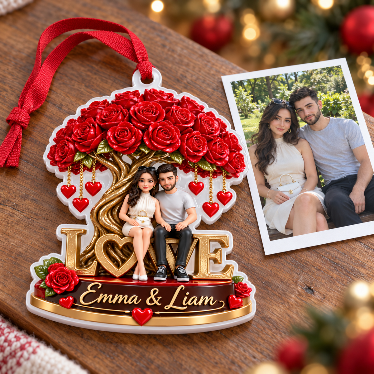 Couple Sitting Under Red Rose Tree Love Keepsake Acrylic Hanging Decor - 3D Relief Ornament