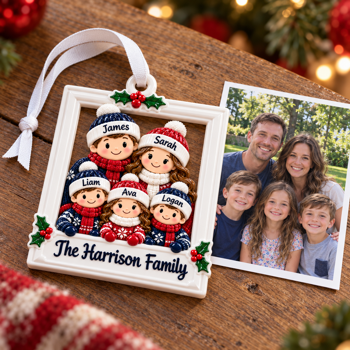 Christmas Family of 7 Winter Beanie Picture Frame Holiday Hanging - 3D Relief Ornament