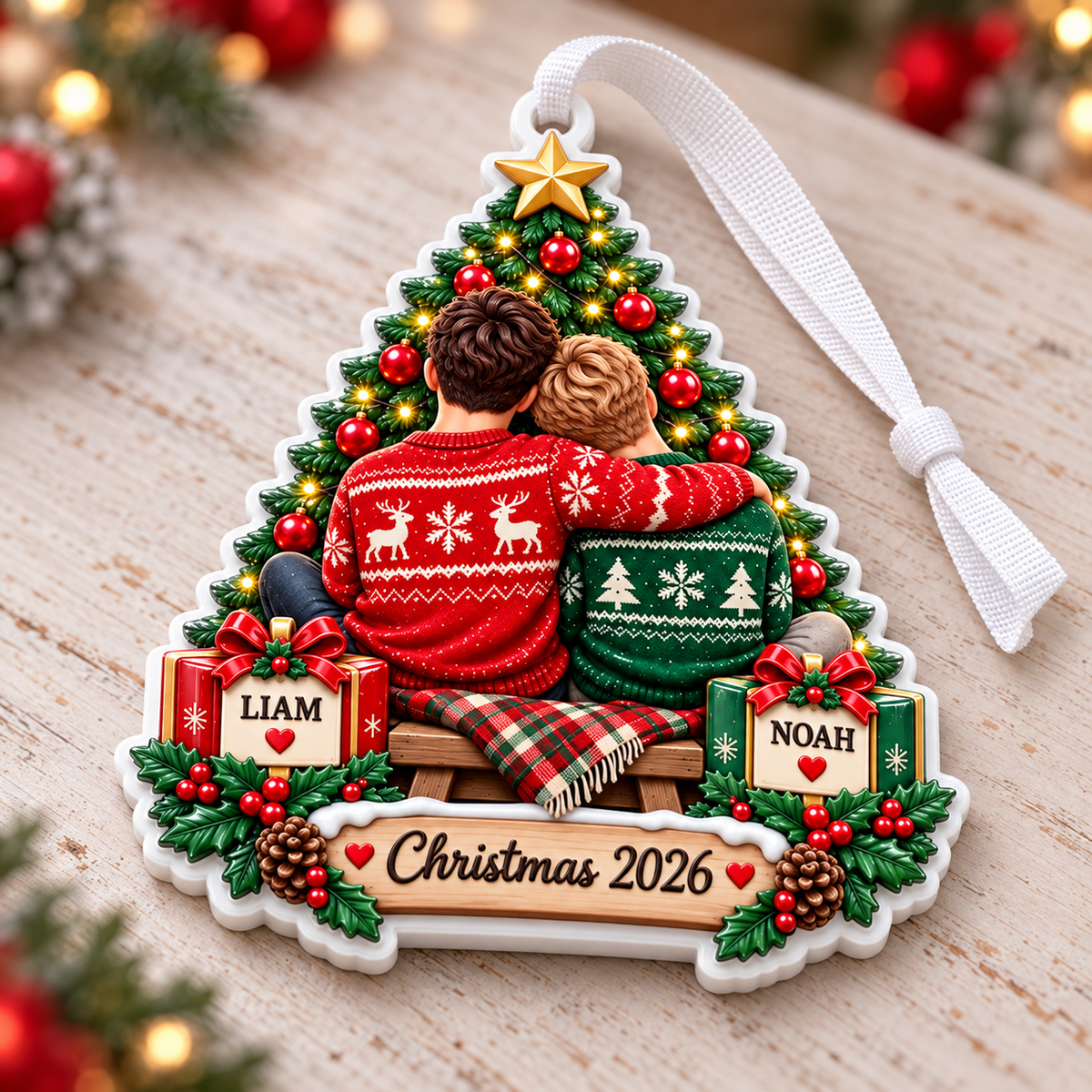 Couple Sitting by Christmas Tree Acrylic Hanging Plaque - 3D Relief Ornament