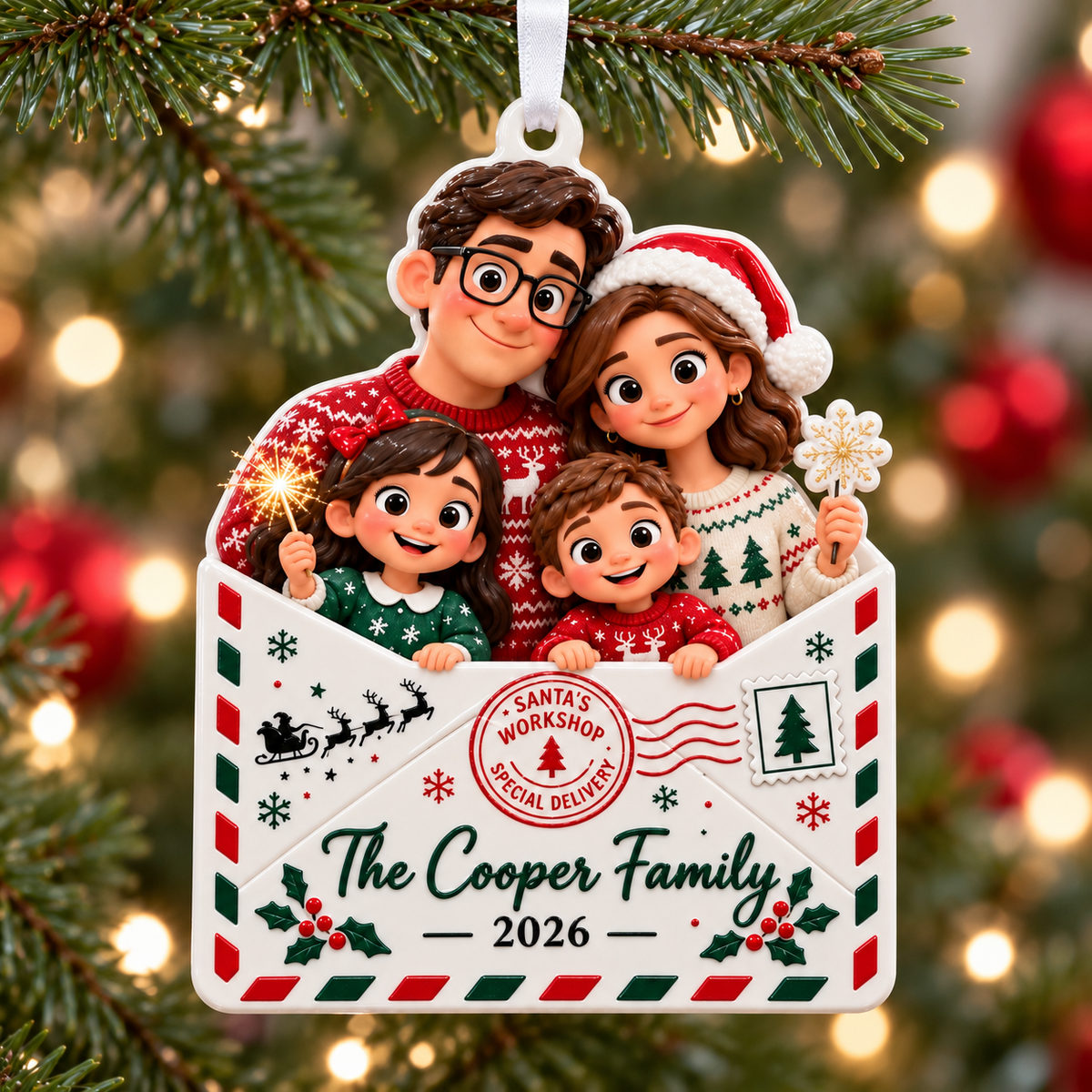 Cartoon Family of Four in Christmas Letter Envelope Hanging Keepsake - 3D Relief Ornament