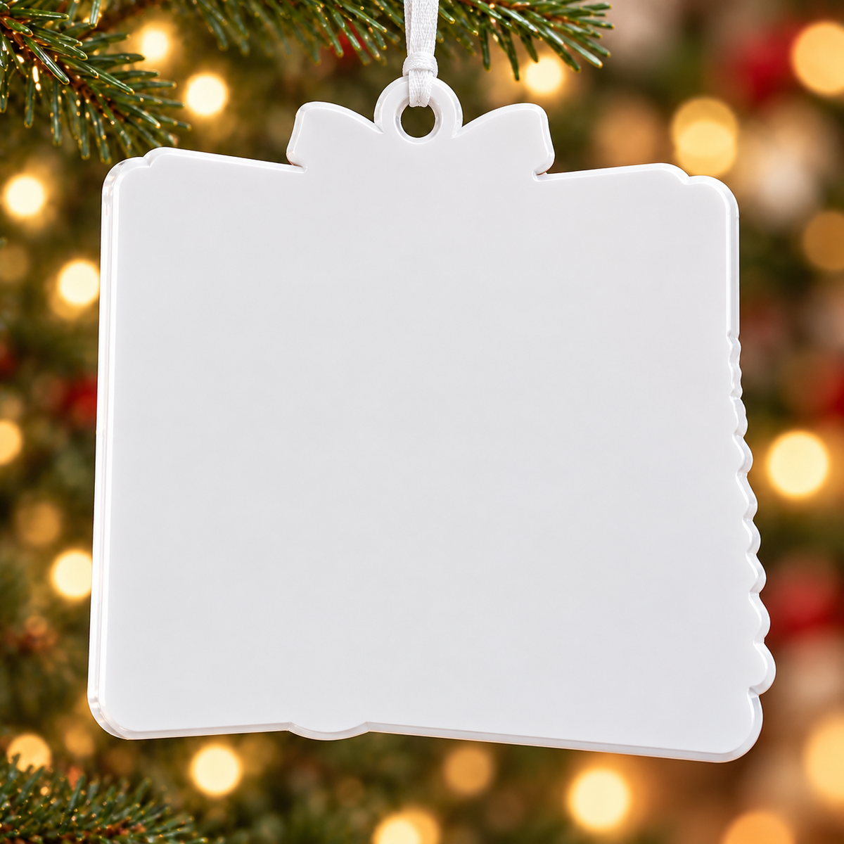 Gift Box Shaped Glossy White Ceramic Holiday Tree Hanging Decor - 3D Relief Ornament