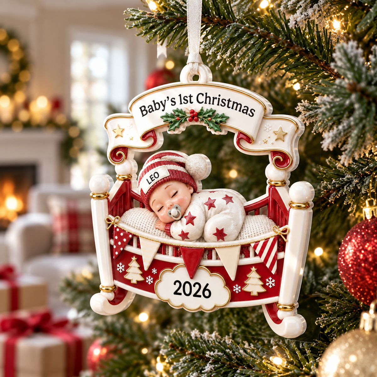 Baby's First Christmas Cradle Hanging Keepsake, Red and White Rocking Bassinet - 3D Relief Ornament