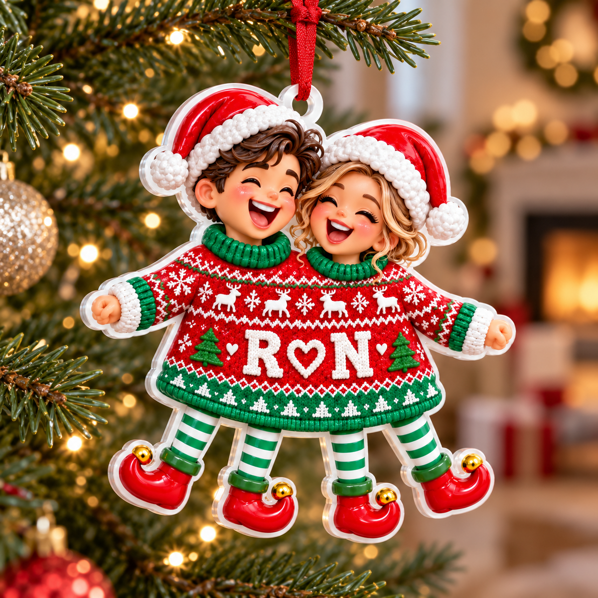 Couple in Red Two-Person Christmas Sweater Holiday Hanging Keepsake - 3D Relief Ornament