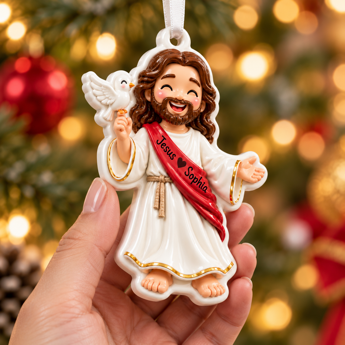 Cartoon Jesus Holding White Dove Ceramic Style Holiday Keepsake - 3D Relief Ornament