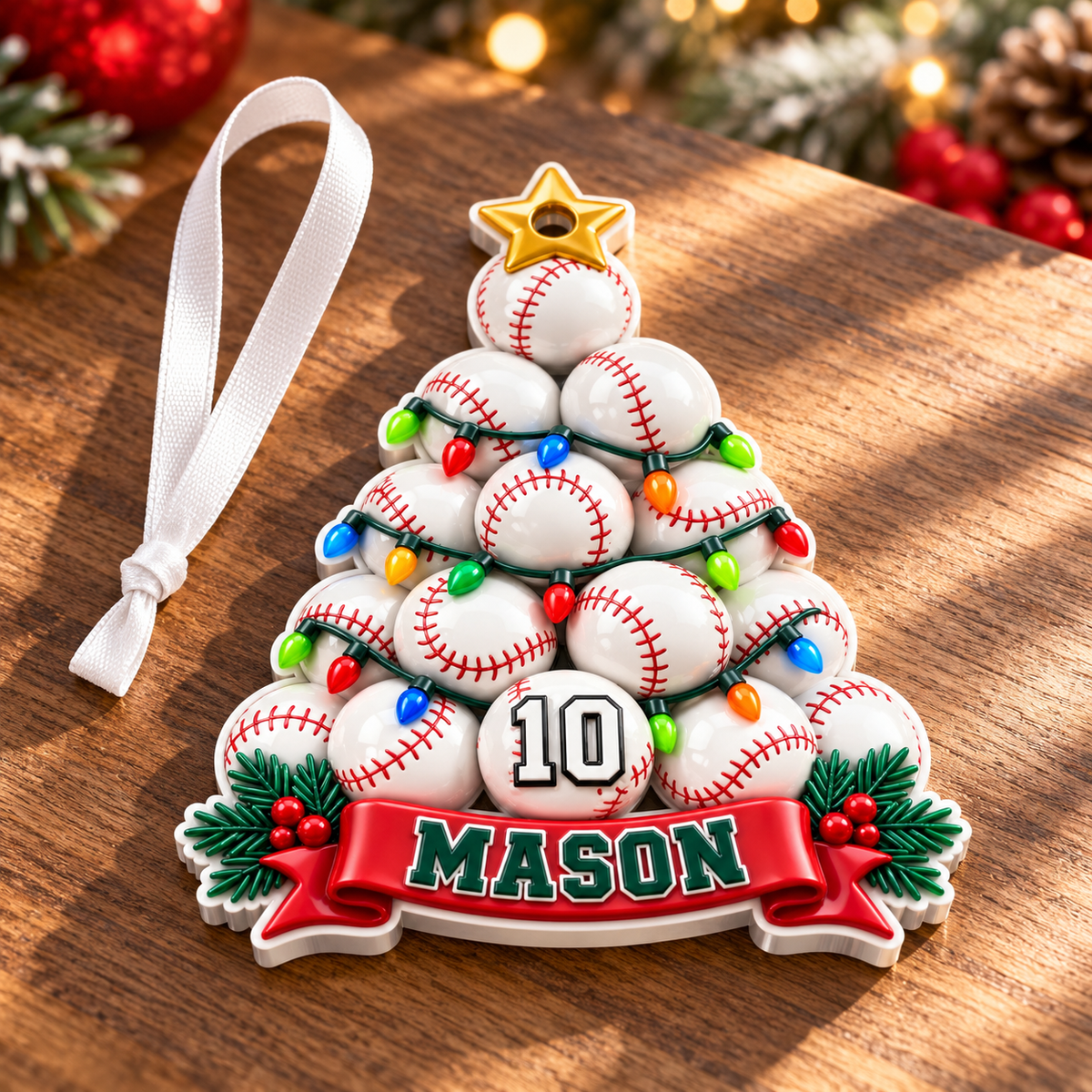Baseball Christmas Tree Holiday Decor with Star Topper and Festive Lights - 3D Relief Ornament