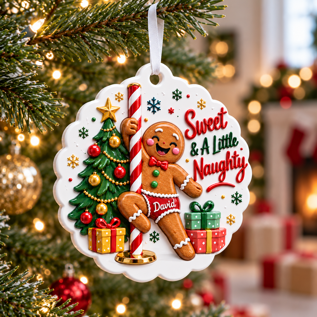 Pole Dancing Gingerbread Man Holiday Acrylic Medallion - 3D Relief Ornament