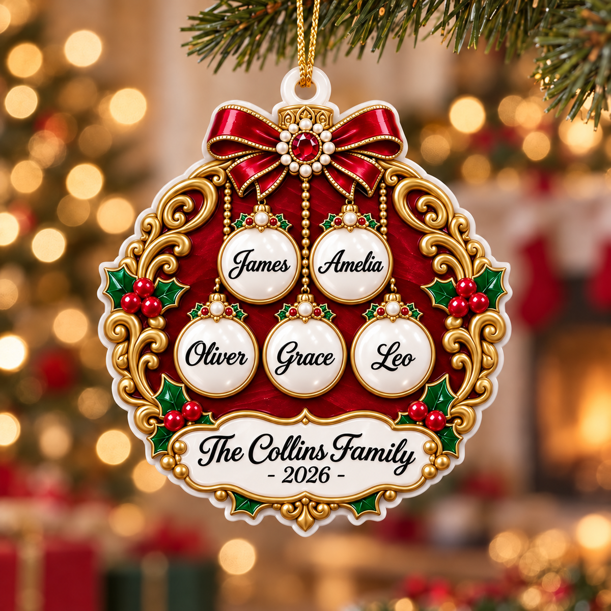 Christmas Family Bauble Medallion in Red and Gold Filigree Scrollwork - 3D Relief Ornament