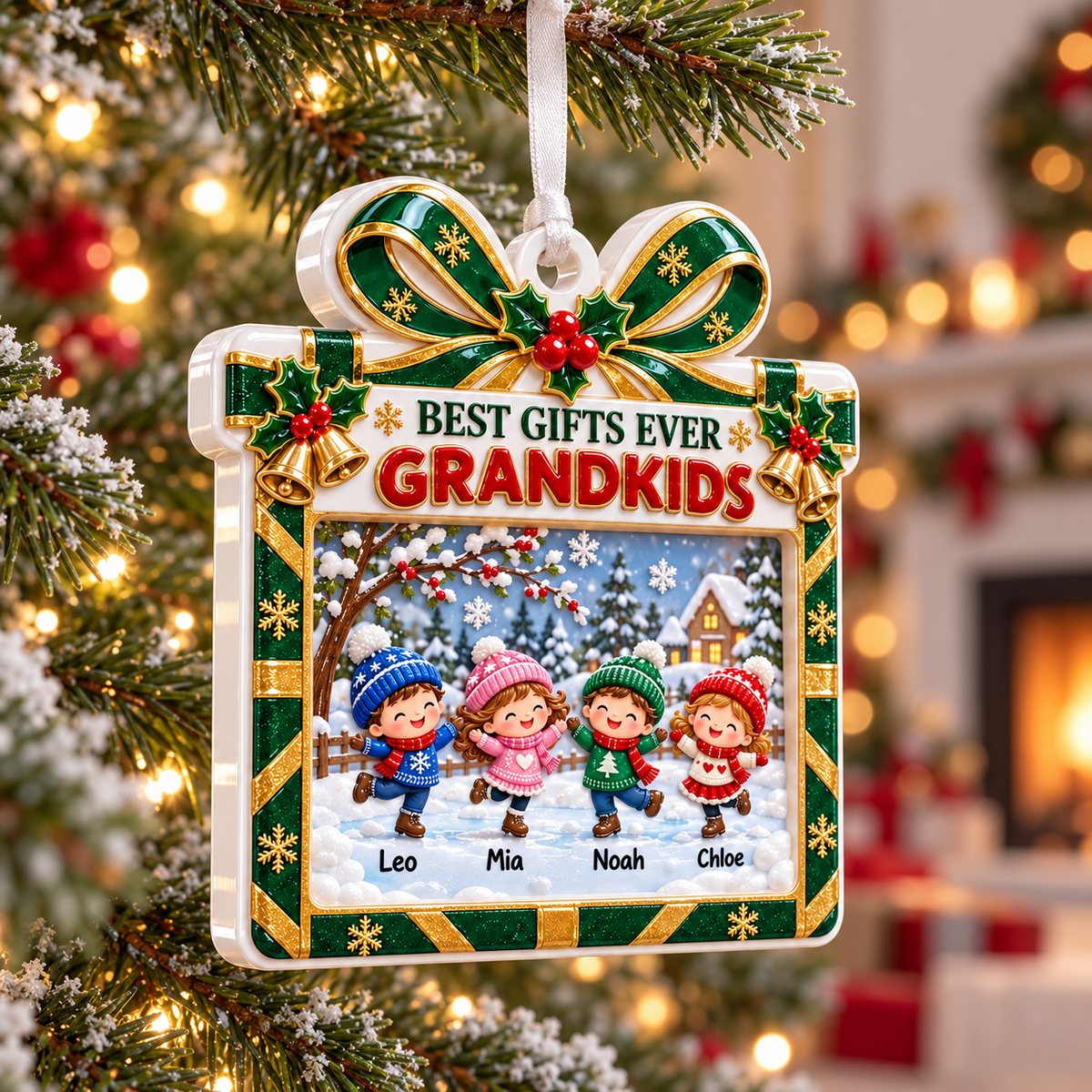 Grandkids Winter Skating Present Frame Holiday Keepsake - 3D Relief Ornament