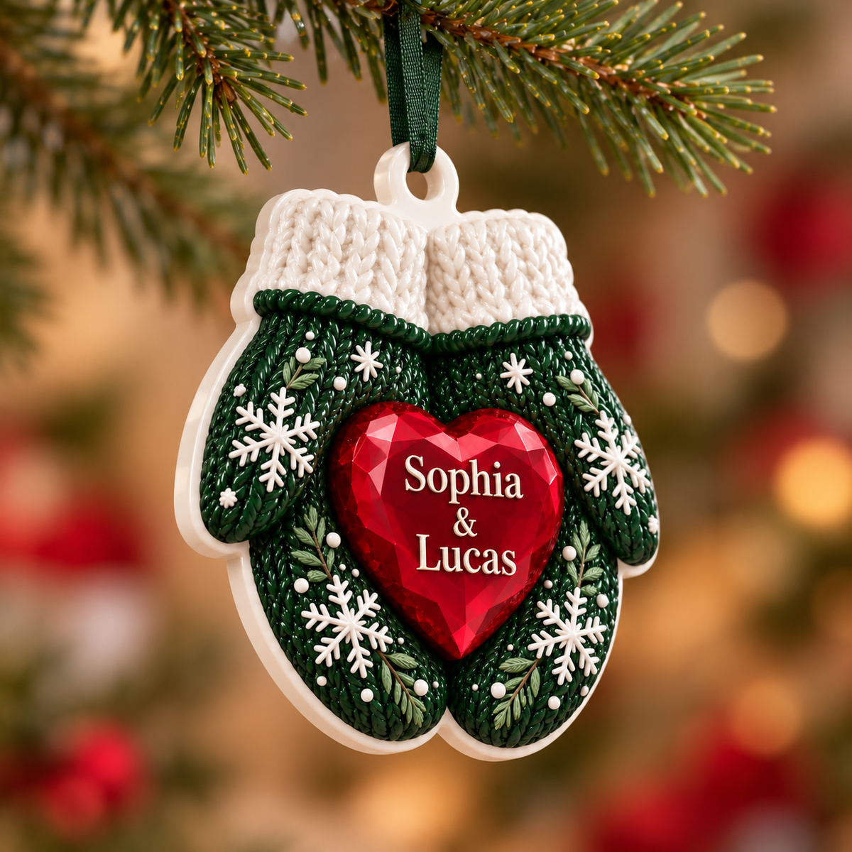 Winter Mittens with Red Gem Heart Christmas Tree Decoration - 3D Relief Ornament
