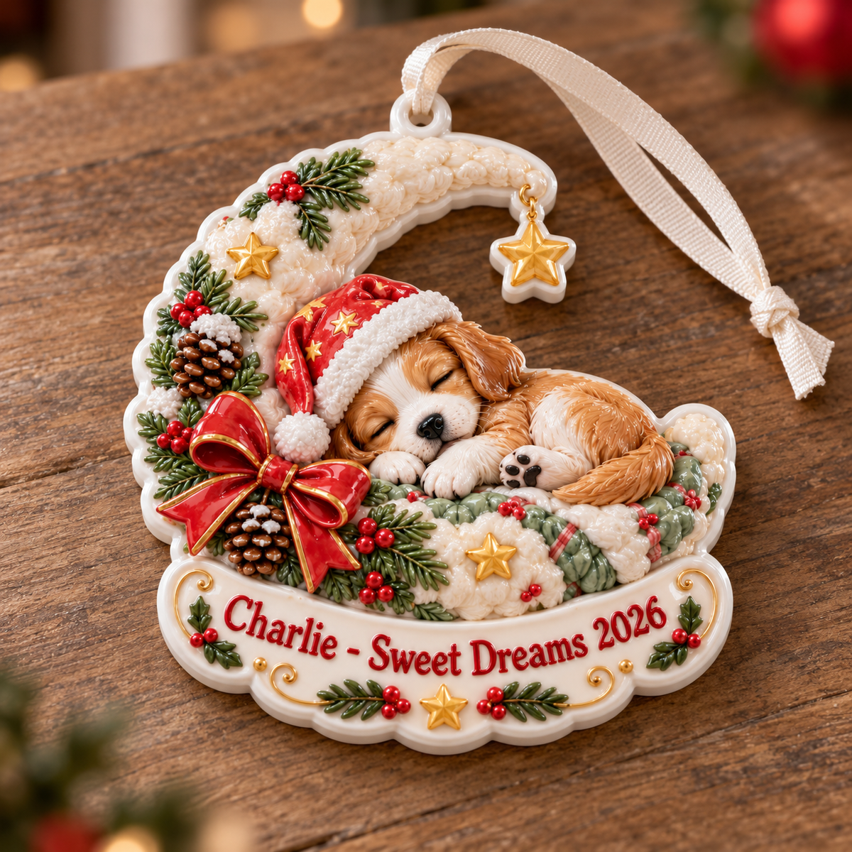 Sleeping Puppy on Crescent Moon Christmas Tree Decor - 3D Relief Ornament