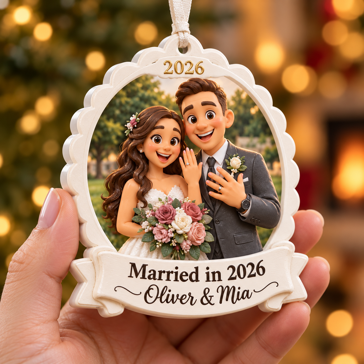 Cartoon Wedding Couple Scalloped Frame Hanging Keepsake - 3D Relief Ornament