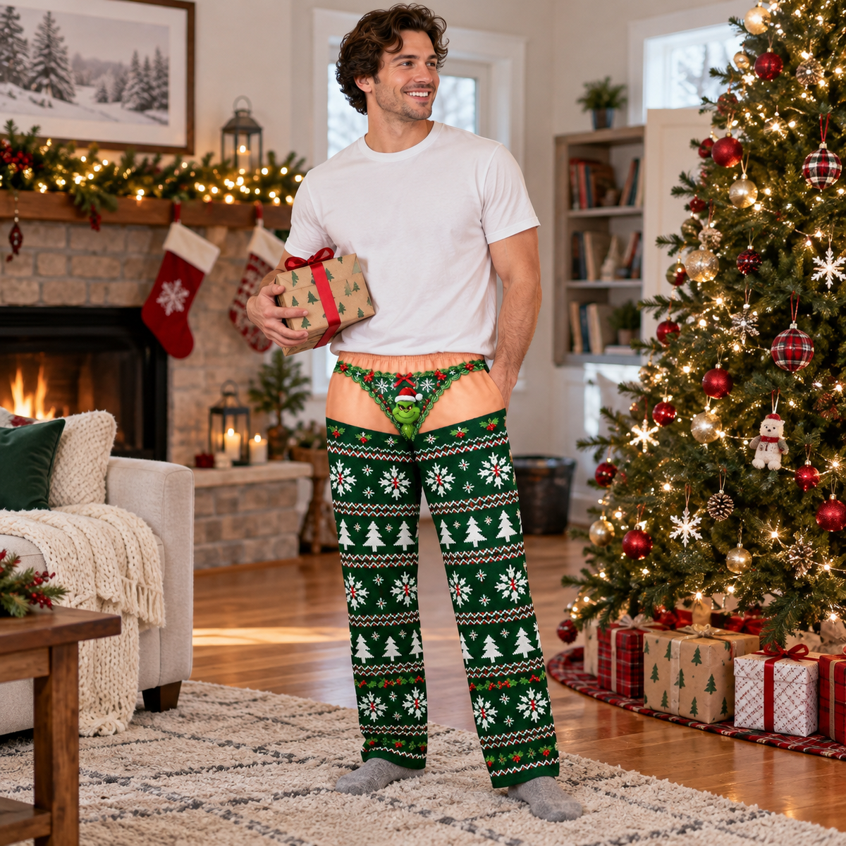 Novelty Christmas Pajama Pants with Faux Low Rise Print