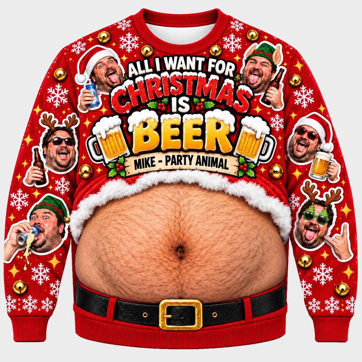 Beer Belly Christmas Sweatshirt Novelty Fake Hairy Stomach Pullover