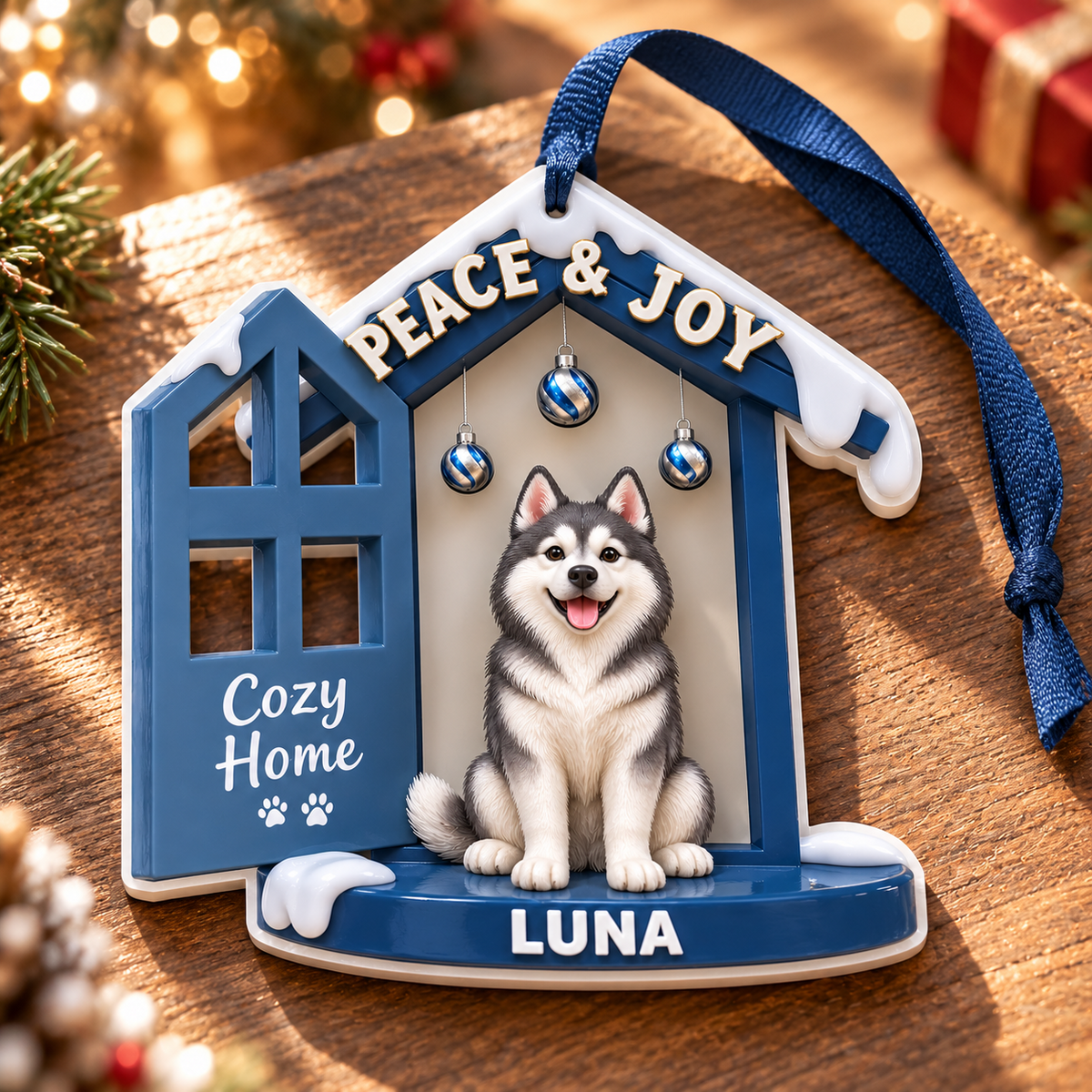 Blue Siberian Husky Dog House Holiday Christmas Tree Hanging Decor - 3D Relief Ornament