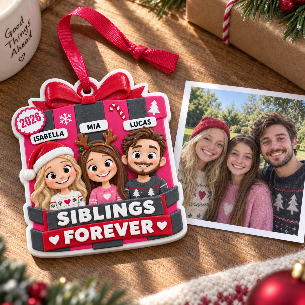 Siblings Forever Christmas Present Box Holiday Hanging Keepsake - 3D Relief Ornament